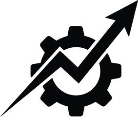 Fototapeta na wymiar Black silhouette of a gear wheel combined with a rising arrow line graph showing business growth and performance improvement