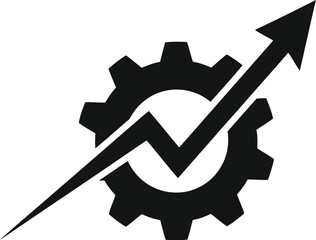 Fototapeta na wymiar Black vector icon of an upward trending financial line graph superimposed on a mechanical gear representing optimization and market rise