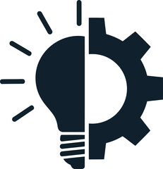 Fototapeta na wymiar Split dark silhouette icon merging half a traditional light bulb with half a gear symbolizing the creative process meeting practical application