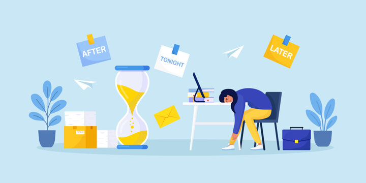 Professional burnout. Tired overworked woman sleeping in office. Project deadline pressure. Overwhelmed depressed employee experiencing exhaustion and fatigue. Procrastination