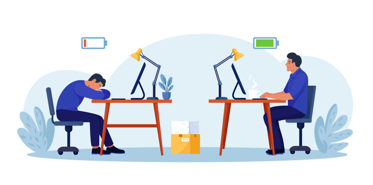 Work efficiency and professional burnout. Productive and exhausted employee in the office. Tired overworked person and happy, energetic businessman with full and low energy battery working on computer