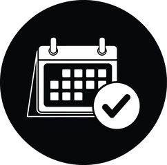 Fototapeta na wymiar Calendar with check mark icon inside black circle button for scheduling and appointment confirmation on transparent design