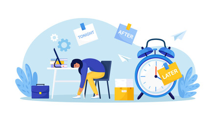 Professional burnout. Tired overworked woman sleeping in office. Project deadline pressure. Overwhelmed depressed employee experiencing exhaustion and fatigue. Procrastination