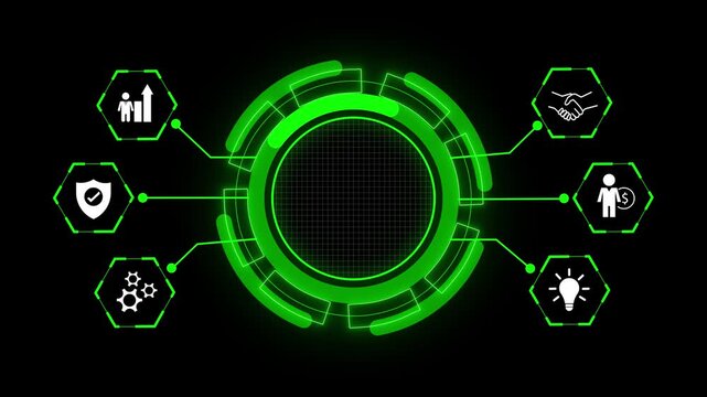 Futuristic circular hud interface animation with connected data points. Digital technology frame with central copy space layout. Sci fi system dashboard element for modern presentation.