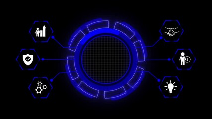 Futuristic business hud interface animation with central data hub. Digital planning and finance dashboard with connected strategy icons. Modern technology frame with copy space for presentation. - Powered by Adobe