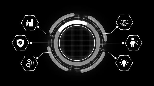 Futuristic business hud interface animation with central data hub. Digital planning and finance dashboard with connected strategy icons. Modern technology frame with copy space for presentation.