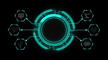 Futuristic circular hud frame animation with connected data nodes. Digital sci fi interface ring and network structure. High tech target frame for system display and intro use. - Powered by Adobe