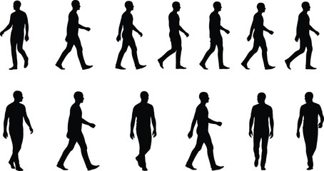 Black silhouettes of men walking in various positions white background