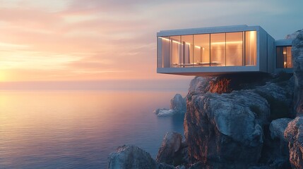Modern cliffside house overlooking the ocean during sunset architectural design