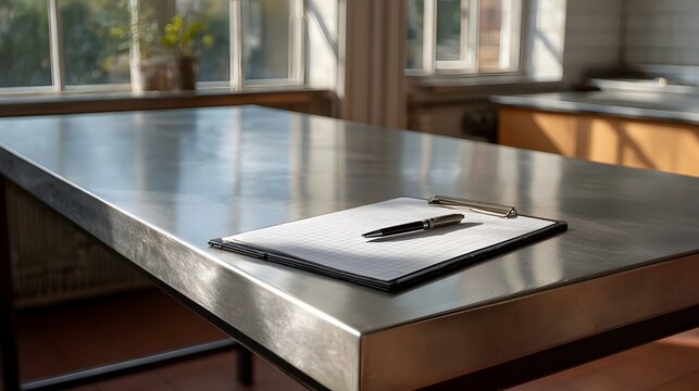 A pen rests on a notebook on a shiny stainless steel table bathed in natural light
