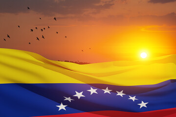 Fototapeta premium Venezuela flag on background of sunset sky with flying birds. Patriotic concept. Banner with place for text.
