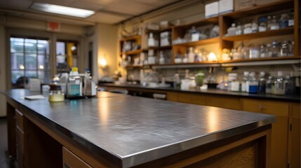 Fototapeta premium A stainless steel laboratory bench with scientific equipment and glassware in a research setting