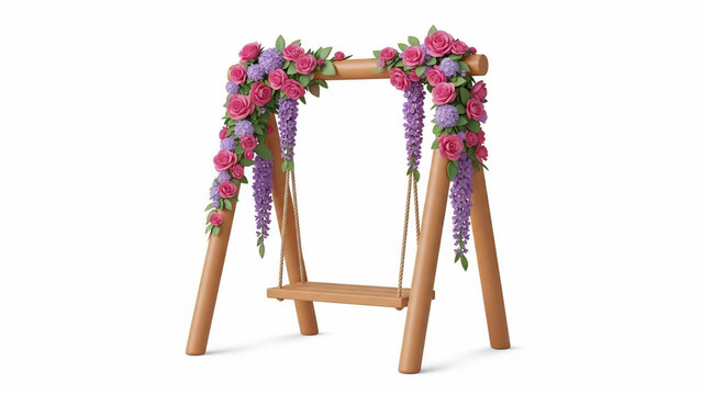 A wooden arch adorned with vibrant flowers and wisteria stands alone in a serene setting, captured from a front viewpoint.