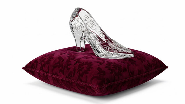A luxurious high-heeled shoe resting on a rich burgundy velvet pillow, viewed from a slight angle
