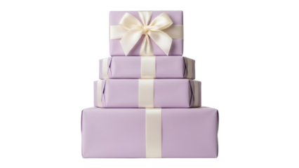 Stack of four lavender gift boxes with cream ribbon isolated PNG, presents for birthday or special occasion on transparent background