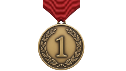 Gold first place medal with red ribbon isolated PNG, award for winning a competition or achieving success on transparent background