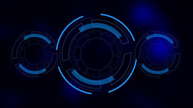 Futuristic circular interface animation h rotating digital rings. Abstract technology HUD elements forming radial system layout. Sci fi dashboard graphic for data visualization and modern screen