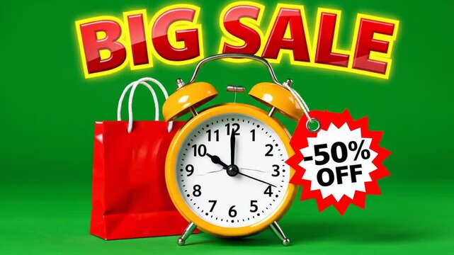 Big sale announcement with alarm clock, shopping bag, and 50% off tag on green background 4k videos