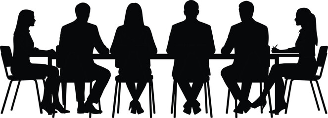 Black silhouettes of six people sitting around a table business meeting conference