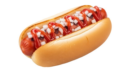 Delicious hot dog with ketchup and onions isolated PNG, classic American fast food with sausage in a bun on transparent background