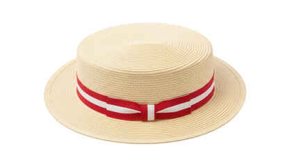 Boater hat with red and white ribbon isolated PNG, classic summer straw hat for men and women on transparent background