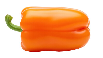 Vibrant orange bell pepper isolated PNG, fresh vegetable with green stem on transparent background for healthy eating and cooking concepts
