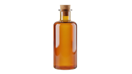 Amber glass bottle with cork isolated PNG, vintage apothecary bottle with liquid on transparent background, essential oil container