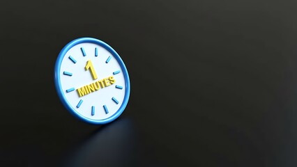 Minimalist 3D clock face with blue rim and yellow '1 MINUTE' text on white dial, isolated on dark background, simple graphic