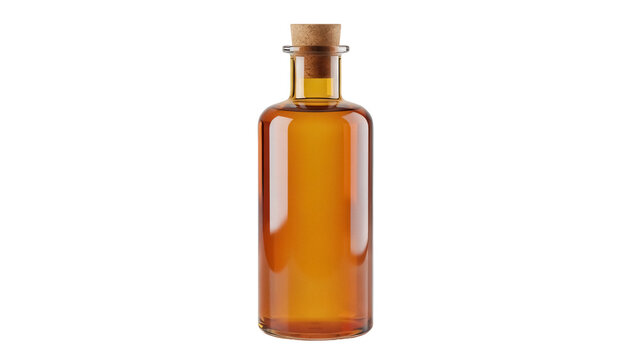 Amber glass bottle with cork isolated PNG, vintage apothecary bottle with liquid on transparent background, essential oil container