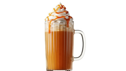 Caramel latte with whipped cream isolated PNG, delicious coffee drink with caramel drizzle on transparent background