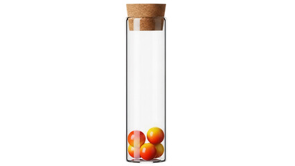 Glass test tube with orange candy isolated PNG, laboratory glassware with cork stopper and colorful sweets on transparent background