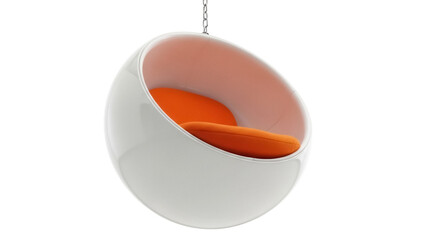 Modern hanging bubble chair with orange cushion isolated PNG on transparent background, stylish furniture for contemporary interior design
