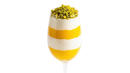 Delicious layered dessert in glass isolated PNG, with yellow jelly, cream and pistachio topping on transparent background