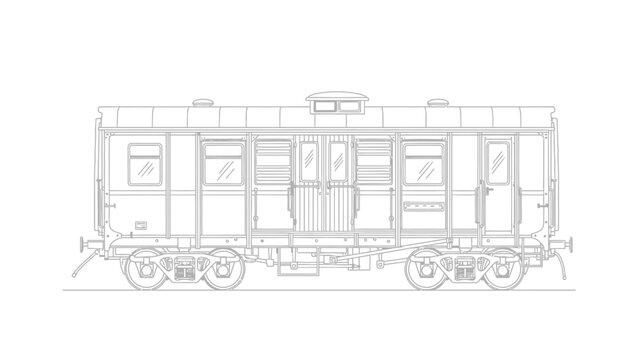 Vintage Train Carriage Side View Technical Drawing.
