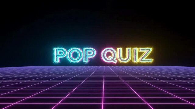 Neon pop quiz text with vibrant light effects and futuristic grid background