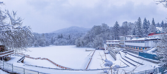 Frozen Bear Lake in Sovata resort - Romania in winter