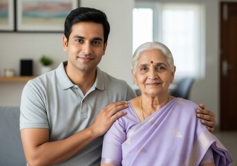Fototapeta premium Indian Son Supporting Elderly Mother at Home