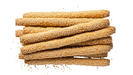 Pile of golden brown breadsticks with sesame seeds isolated PNG, crunchy snack food for appetizers and party platters on transparent background