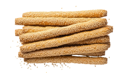Pile of golden brown breadsticks with sesame seeds isolated PNG, crunchy snack food for appetizers and party platters on transparent background