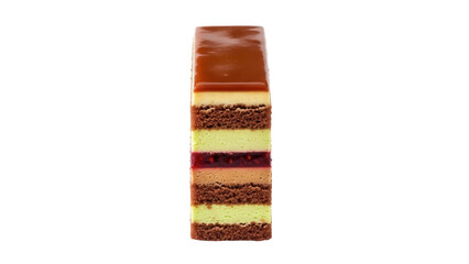 Delicious layered mousse cake isolated on transparent background PNG, gourmet dessert with chocolate sponge and caramel glaze for patisserie menu