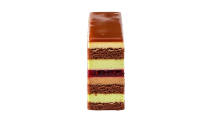 Delicious layered mousse cake isolated on transparent background PNG, gourmet dessert with chocolate sponge and caramel glaze for patisserie menu