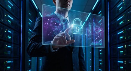 Man interacting with digital padlock in server room