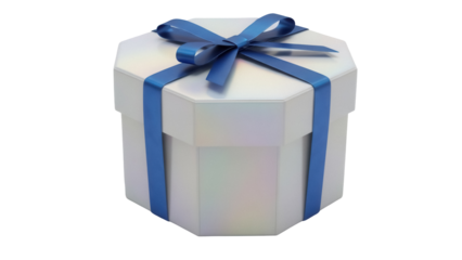 Elegant white octagonal gift box with blue ribbon isolated PNG, present for special occasions and celebrations on transparent background