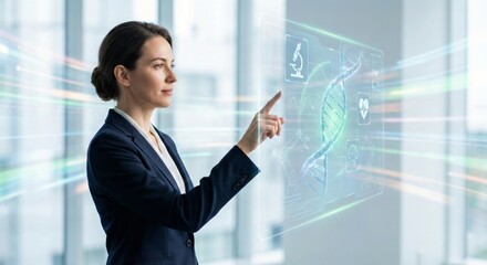 Businesswoman interacting with digital dna and health icons