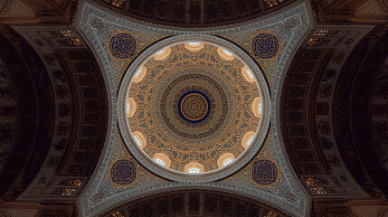 Obraz premium Intricate geometric islamic patterns and calligraphy on the interior ceiling of a majestic mosque dome
