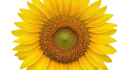 Fototapeta premium Bright yellow sunflower with detailed center showing seeds and petals on white background. Perfect for nature themes, summer designs, garden projects, and cheerful decorative purposes.