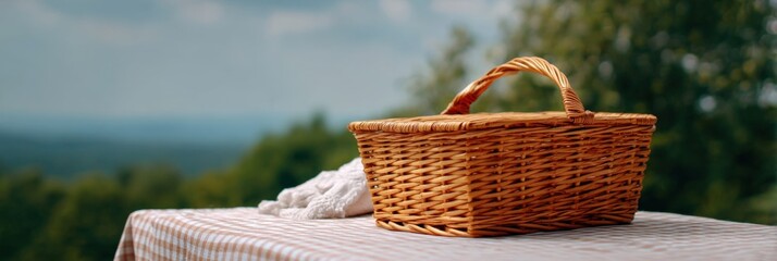 Picnic basket on checkered table with scenic view in nature