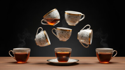 Obraz premium Teacups rotating in mid-air above a wooden table with steaming tea, captured from a front viewpoint in a studio setting