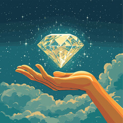 Hand reaching for diamond in the sky , vector style simple color