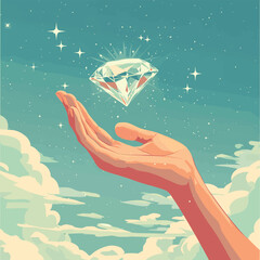 Hand reaching for diamond in the sky , vector style simple color